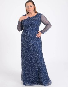 Resim Lilas Xxl Büyük Beden Glitter Baskı Lacivert Renkli Uzun Kollu Uzun Abiye Elbise Lacivert 
