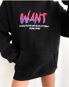Resim Baskılı Üç İplik Kapüşonlu Oversize Sweatshirt - Siyah Siyah 