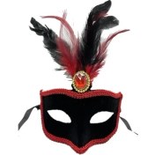 Resim Kırmızı Tüylü Siyah Süet Kaplama Parti Maskesi 