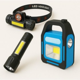 Resim Acil Durum Kamp Led Seti 3'lü Led Aydınlatma Kafa Lambası Şarjlı El Feneri Ve Güneş Enerjili Taşınabilir Kamp Feneri 