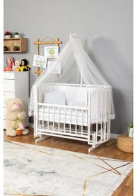 Resim Ahşap Beşik Anne Yanı Beşik Beyaz 60x120 Beyaz Güpür Uyku Seti Yatak Beyaz 
