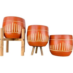 Resim Bitki Tasarımı Ev Dekorasyon Aksesuar Dik Çizgi Desenli Toprak Saksı Saksılık Salon Çiçeklik Üçlü Set - 19 CM 