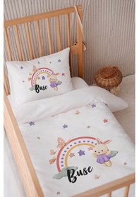 Resim %100 Pamuk Saten Isme Özel Isimli 100x150 Bebek Yatak Nevresim Seti Tavşan 1 