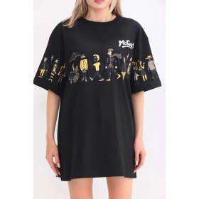 Resim Beruflic Bisiklet Yaka Baskılı Oversize T-Shirt - Siyah 