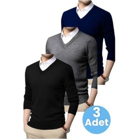 Resim Tezzgelsin 3'lü Erkek V Yaka Uzun Kol Triko Tüylenmez Süveter Erkek Slim Fit Süveter Siyah - Füme - Lacivert 