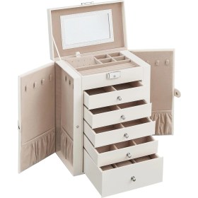 Resim Mcreative Mücevher Kutusu, 6 Seviyeli Büyük Mücevher Kutusu, Menteşeli Yan Kapılı Mücevher Kutusu, Çekmeceler, Ayna ve Kilit, Yüzükler, Küpeler İçin, Beyaz JBC152W01 