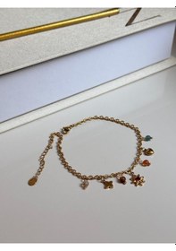 Resim Renkli Taşlı Çiçek Kalp Figürlü Altın Renk Charm Kadın Halhal Altın 