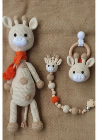 Resim Amigurumi Yenidoğan Hediyelik Uyku Arkadaşı Organik Zürafa, Çıngırak, Emzik Zinciri Set 