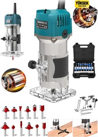 Resim OG GERMANY STEEL Alman 4200Rpm 6 Kademe Devir Ayarlı Formika Traşlama Freze Makinesi 6 Mm Pens + 12 Adet Uç MAVİ 