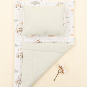 Resim Alt Açma Matı ve Yastık - Çift Taraflı - Açık Yeşil Muslin - Yeşil Gökkuşağı 