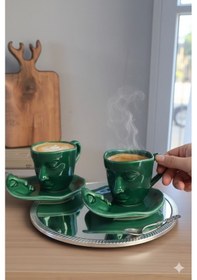 Resim 2 Set 4 Parça 260 Ml İskandinav Yüz Şekilli Fincan Takımı Yeşil- Kupa Kahve Fincan Takımı 