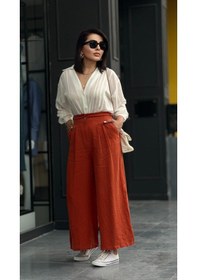 Resim Kremit % 100 Ham Keten Çift Pensli Çift Düğmeli Bol Paça Pantolon Orange 
