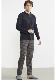 Resim Sementa Düğmeli Desen Kombinli Pijama Takım - Kahve Kahverengi 