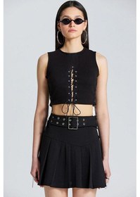 Resim Fashion Cocktail Önden Ip Korse Dekolte Kolsuz Fitilli Süper Esnek Gümüş Boncuklu Bluz Crop Büstiyer Siyah Siyah 