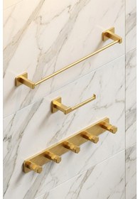 Resim Premium Gold Alüminyum Tuvalet Kağıtlığı+5'li Havlu Bornoz Askısı+büyük Havlu Askısı Yapışkanlı Altın 