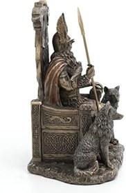 Resim Veronese Design Kurtlarla Tahtta Oturan 8 5/8 İnç Odin Reçine Heykel Bronz Kaplama Viking Dekor Heykeli 
