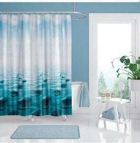 Resim Duş Perdesi Küf Tutmaz Polyester Kumaş Banyo Perdesi Tek Kanat Banyo Dekorasyon Perdesi 180x200 cm Mavi 