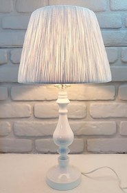 Resim Beyaz Rustik Klasik Metal Yüksek Ayaklı Pileli Makrome ve Kağıt İp Örme Şapkalı Abajur Masa Lambası (Kağıt İpli Beyaz) 