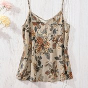 Resim Kadınların şık çiçek desenli kolsuz tank topu - Vintage tarz, Bej rengi, Çok renkli çiçekler, Spagetti askılı tasarım, Yazlık rahat etkinlikler için mükemmel, Yazlık rahat giyim | Spagetti askılı üst | Dokulu 