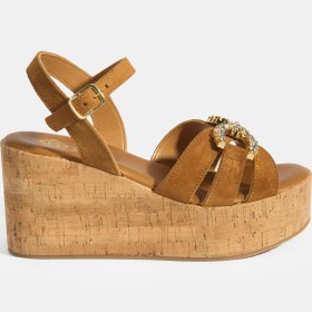 Resim Desa Kadın Taba Taşlı Toka Aksesuarlı Slingback Süet Dolgu Topuklu Sandalet 