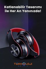 Resim Kablosuz Kulaklık Bluetooth Mikrofonlu Kulaküstü Kulaklık Led Işıklı Katlanabilir SİYAH-KIRMIZI 