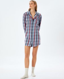 Resim Pamuklu Ekose Rahat Kalıp Uzun Kollu Gömlek Gecelik 