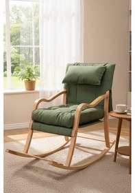 Resim Reyo Paşa Ahşap Sallanan Sandalye Fermuarlı Kılıf, Boyun Yastıklı Dinlenme Koltuğu Yeşil Yeşil 