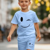 Resim 2 adet Erkek Yaz Kısa Kollu T-Shirt & Şort Seti - 3-8 Yaş, Karikatür Yüz Baskısı, Nefes Alabilir Esnek Kumaş, Çocuklar İçin Rahat Spor Giyim, Trendy Rahat Giyim|Oyunlu Grafik Tasarımı|Esnek Kumaş, Açık Hava İçin 