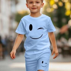 Resim 2 adet Erkek Yaz Kısa Kollu T-Shirt & Şort Seti - 3-8 Yaş, Karikatür Yüz Baskısı, Nefes Alabilir Esnek Kumaş, Çocuklar İçin Rahat Spor Giyim, Trendy Rahat Giyim|Oyunlu Grafik Tasarımı|Esnek Kumaş, Açık Hava İçin 