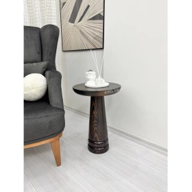 Resim Ahşap Tekli Mantar Yan Sehpa Modern Koyu Ceviz Renk Fiskos Çiçeklik 