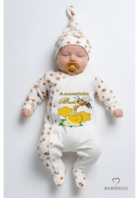 Resim Babyden's Annesinin Balı Yazılı Yenidoğan Bebek Tulumu Şapka Seti Arı Desenli Unisex Çıtçıtlı Bebek Tulum Ekru - Çok Renkli 