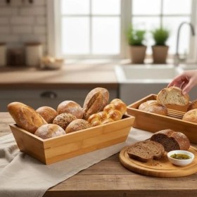 Resim Bambu Ekmek Sepeti ve Sunumluk (33X15X7 Cm) | Doğal Ahşap Modern Meyve, Sebze ve Servis Sepeti | Antibakteriyel ve Şık Tezgah Üstü Düzenleyici 