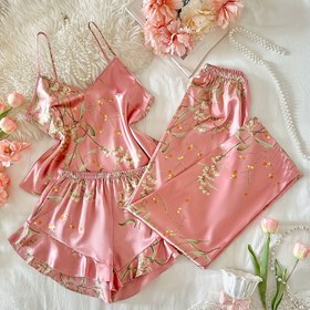 Resim Kadın Dört Mevsim Modası Zarif Rahat Baskılı Kolsuz Üst Şort Uzun Pantolon Pijama 3 Parça Set 