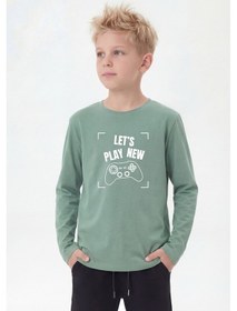 Resim Panios Kids Yuvarlak Yaka Uzun Kollu Baskı Detaylı Erkek Çocuk Sweatshirt Mint Yeşili 