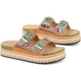 Resim Guja 25Y103 Kadın Mantar Platform Taban Taşlı Çift Toklaı Comfort Terlik Camel 