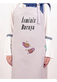 Resim Mutfak Önlüğü Kişiye Ve İsme Özel Nakışlı Mutfak Önlüğü İkili Kupa Farklı Renkler Gri 