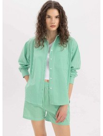 Resim DeFacto Oversize Geniş Kalıp Çizgili Poplin Uzun Kollu Gömlek C8751AX24SMGN268 