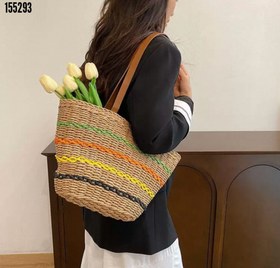 Resim NWC1017 Şeritli Camel Hasır Çanta 