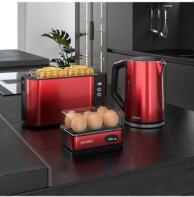 Resim Su Isıtıcı, Tost Makinesi Ve Yumurta Pişirici Seti, Paslanmaz Çelik, Kırmızı, 1.5 Litre 