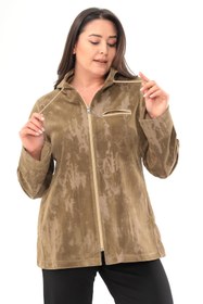 Resim Bushe Butik Büyük Beden Kapüşonlu Batik Desen Haki Trençkot 