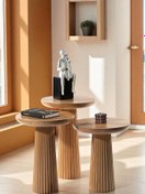 Resim Simillo Home&Living Wood Wooden 3’lü Set Fitilli Mantar Yan Sehpa Modern Tütün Renk Fiskos 
