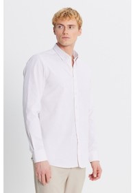 Resim Erkek Bej %100 Pamuk Oxford Slim Fit Dar Kesim Düğmeli Yaka Çizgili Gömlek Bej 