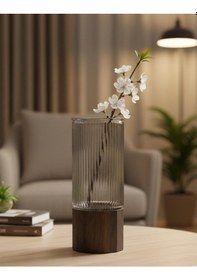 Resim Cam Masa Üstü Vazo, 25x9 Cm Kare, Mozaik, Akasya Ayaklı Füme Renk Cam Füme - Siyah 