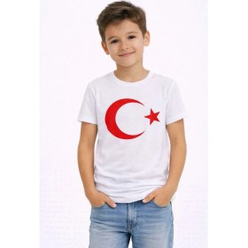 Resim Marsilyan Erkek Çocuk Tişört Bisiklet Yaka Ay Yıldız Bayrak Baskılı T-Shirt - Beyaz 