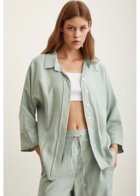 Resim Never More Yarasa Kol Keten Gömlek Mint Mint Yeşili 