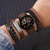 Resim 6 Adet Vintage Erkek Moda Kuvars Saat ve Özel Bileklik Seti, Yuvarlak Çinko Alaşım Kasa, Sahte Deri Kayış, Tarih Özelliği, Gösterge Görüntüsü, Pille Çalışır, Şarj Edilemeyen Düğme Pili - Sevgililer Günü, Paskalya, Cadılar Bayramı, Ramazan, Doğum Günü, Noel, Kurban Bayramı için İdeal Hediye - Orta Doğu Özel 