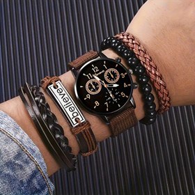 Resim 6 Adet Vintage Erkek Moda Kuvars Saat ve Özel Bileklik Seti, Yuvarlak Çinko Alaşım Kasa, Sahte Deri Kayış, Tarih Özelliği, Gösterge Görüntüsü, Pille Çalışır, Şarj Edilemeyen Düğme Pili - Sevgililer Günü, Paskalya, Cadılar Bayramı, Ramazan, Doğum Günü, Noel, Kurban Bayramı için İdeal Hediye - Orta Doğu Özel 