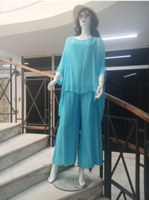 Resim Bohem Stil İtalyan Yarasa Kol İpek Bluz & Pantolon Takım-8767 Turkuaz 