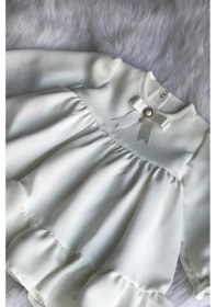 Resim Broş Detaylı Özel Tasarım Kırık Beyaz Krep Kız Çocuk Bebek Mevlüt Doğum Günü Düğün Elbise 001 