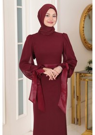 Resim Raika Moda Kol Detaylı Firuze Şifon Tesettür Abiye Bordo 